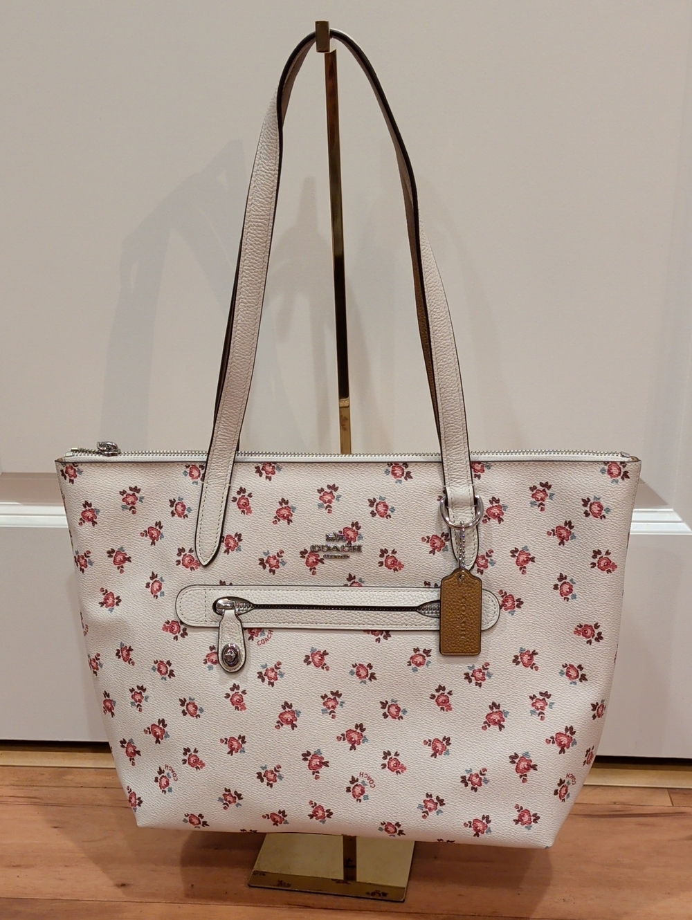 Coach Cream Tote with Pink Floral Print and Tan Leather Tag